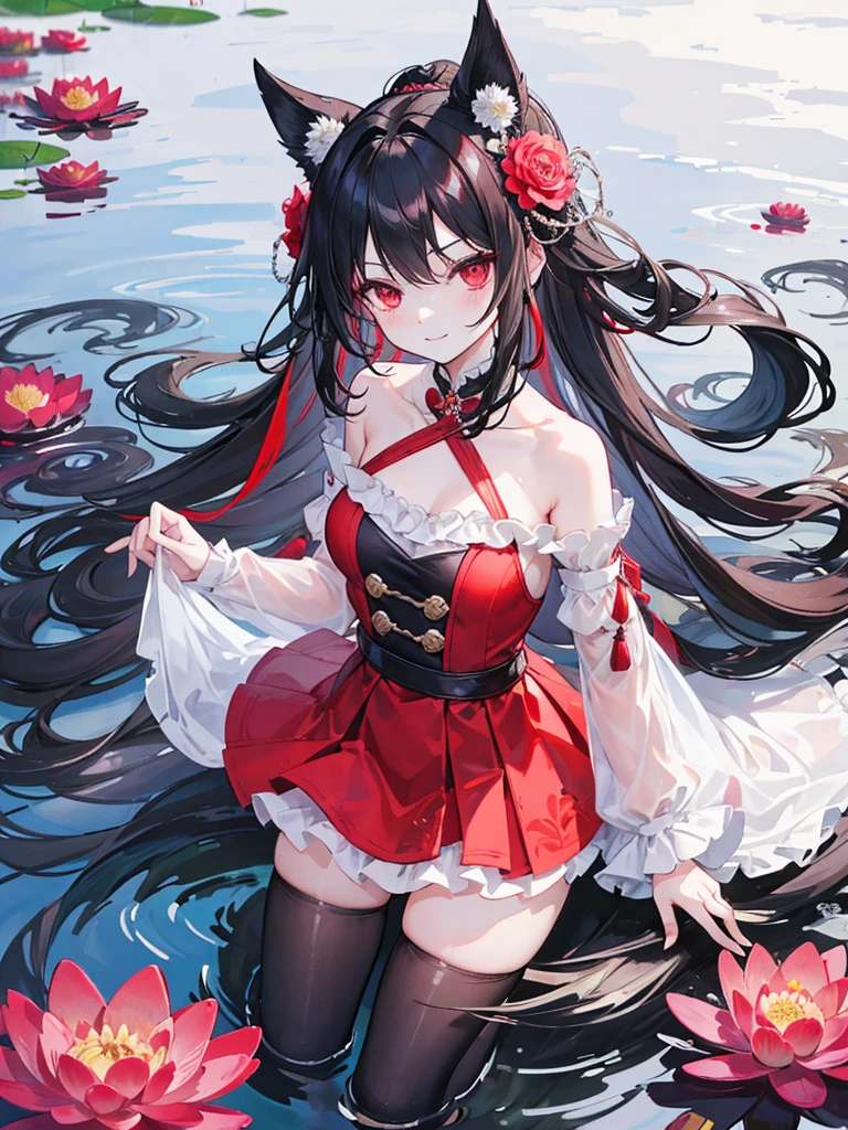 , red eyes, long wavy curry black hair, kid. Wear a flower-shaped hairpin on only one side. Her hair is tied on the side. noble western castle. arrogant kid sadistic smile. noble lady. background in lake water lily.