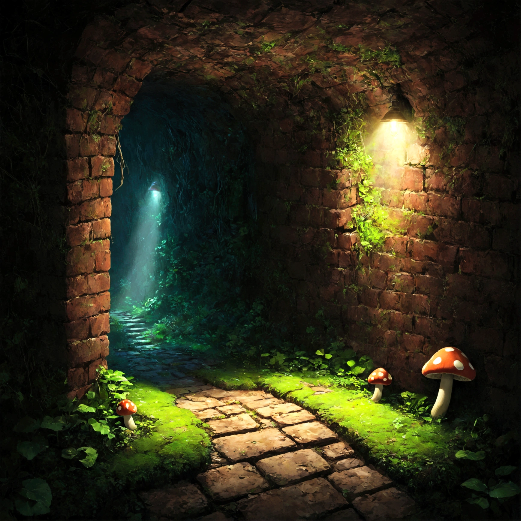 It was quiet and still.、薄暗いUnderground。古びたBrick造りの壁には、A feeling of long years、Cracks and moss are visible。Placed here and there、かすかに光るmushroomが、It's lighting up the area eerily.。If you look closer、Only a part of the wall、Brickの積み方が異なり、hidden passageの存在を暗示している。Beyond that、What dangers and mysteries await??Beautiful game world, Fantasy, Mario, Underground, hidden passage, Mysterious, mysterious, Brick, mushroom