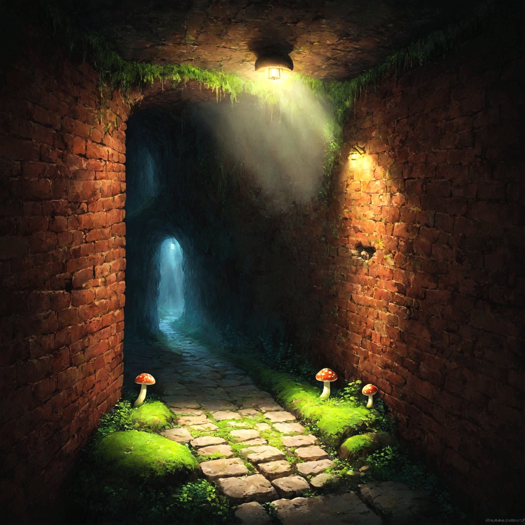 It was quiet and still.、薄暗いUnderground。古びたBrick造りの壁には、A feeling of long years、Cracks and moss are visible。Placed here and there、かすかに光るmushroomが、It&#39;s lighting up the area eerily.。If you look closer、Only a part of the wall、Brickの積み方が異なり、hidden passageの存在を暗示している。Beyond that、What dangers and mysteries await?？Beautiful game world, Fantasy, Mario, Underground, hidden passage, Mysterious, mysterious, Brick, mushroom