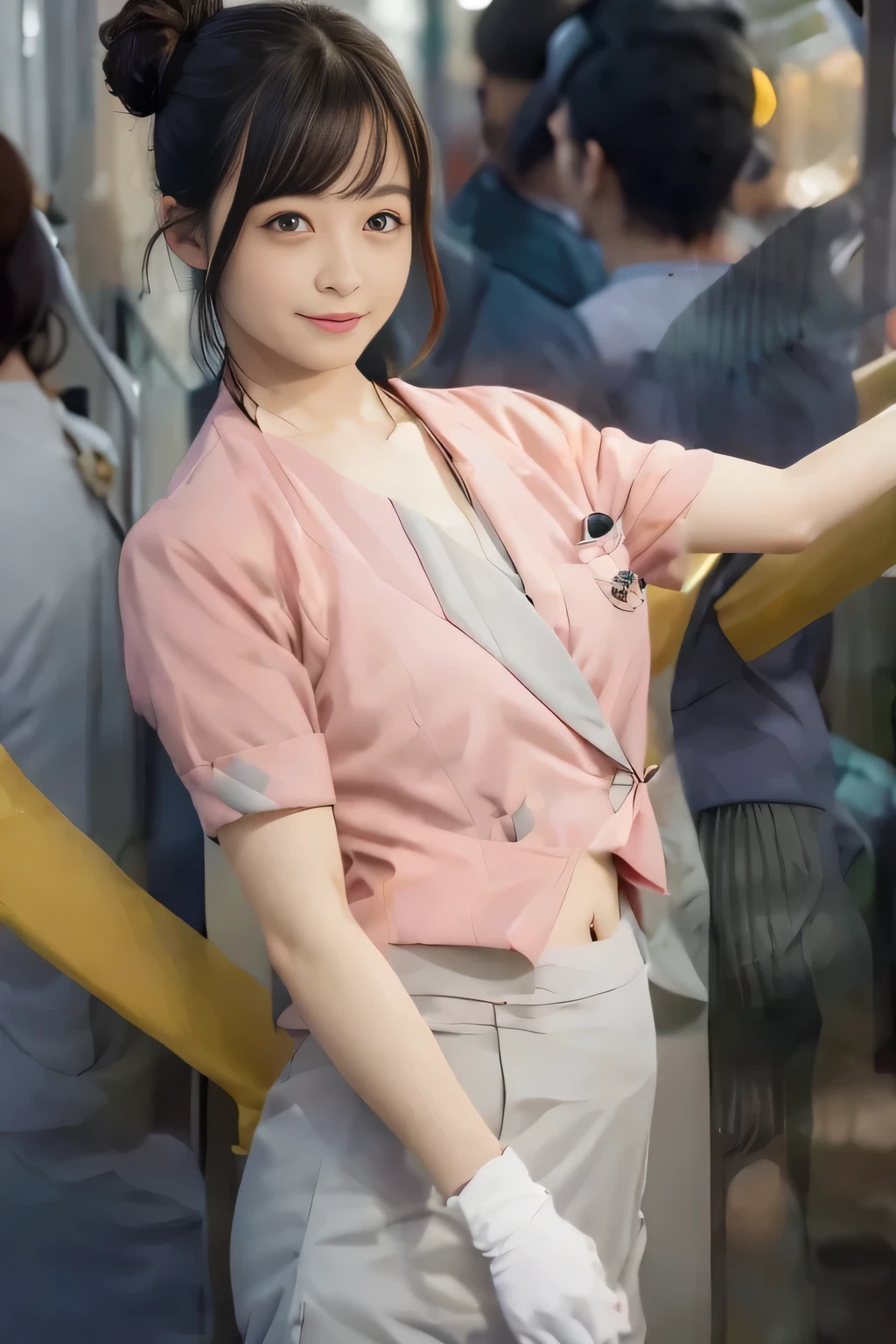 (masterpiece:1.2, Highest quality:1.2), 32k HDR, High resolution, (alone、1 girl)、(On the rooftop of a building in the daytime、Professional Lighting)、Building rooftop background、(Nankai train crew uniform pinkを着たリアルスタイル)、(Nankai train crew uniform pink short sleeve collarless pink jacket、Nankai Train Crew Uniform Pink Collarless Short Sleeve Blouse、Nankai Train Crew Uniform Pink Grey Knee-length Culottes)、((The bottom of the pink short-sleeved jacket cannot be tucked into the clay-colored culottes.))、Dark brown hair、(Hair tied up、Hair Bun、Hair Bun)、Dark brown hair、Long Shot、Big Breasts、Thin legs、((Great hands:2.0)),((Harmonious body proportions:1.5)),((Normal limbs:2.0)),((Normal finger:2.0)),((Delicate eyes:2.0)),((Normal eyes:2.0)))、(Nankai Train Crew Uniform Pink Grey Knee-length Culottesを見せた美しい立ち姿)、smile