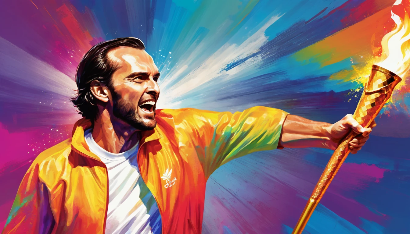 passionate olympic athlete holding the shining olympic torch, digital painting with colorful background vibrant with the spirit of struggle