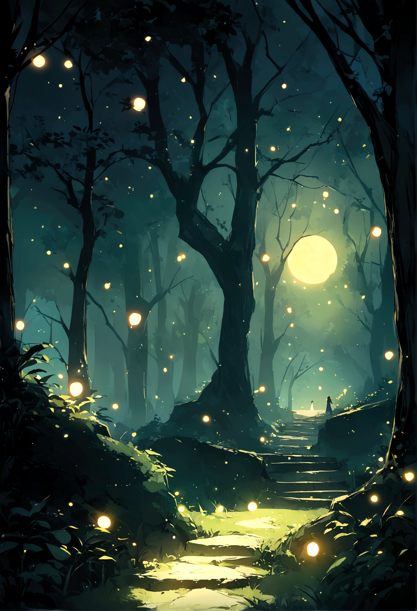 Wild paths with fireflies, azure moonlit nights, a quiet scene with no people, the best image quality.