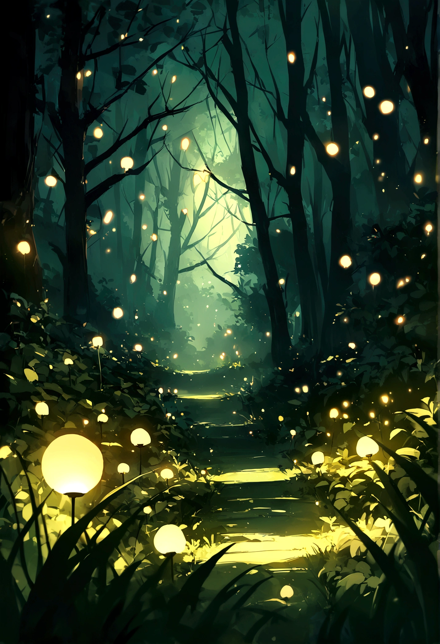 Wild paths with fireflies, azure moonlit nights, a quiet scene with no people, the best image quality.