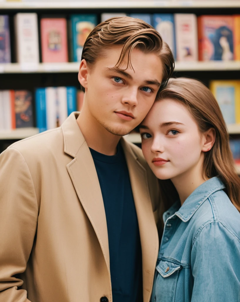 ((a couple in love in a bookstore)) a young 18 year old man with bright blue eyes, light brown hair, physical resemblance to 18-year-old Leonard Dicaprio in the 90's, youthful face of man without beard or mustache, wearing with a red spider-man sweatshirt, short hair hairstyle, standing, next to his beautiful blonde-haired girlfriend with bright, slightly dark blue eyes and a physical resemblance to 18-year-old Amanda Seyfried wearing a black dress and a black blazer, an unreal engine 5, octane renderer, background of a bookstore, detailed hair and eyes, beautiful real faces, Detailed faces with physical resemblances to actors Leonardo Dicaprio and Amanda Seyfried, Beautiful hair, they both smile, beautiful portrait con detalles, hair with many details, 8k Artgerm bokeh, IG model | Artgerm, detailed portrait, stunning holding portrait of a realistic face, beautiful portrait, deviantart artstation cgscosiety, realistic cinematic portrait, high quality portrait, elegant digital painting, Artistic style