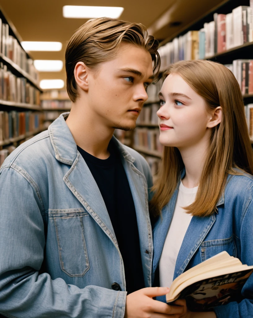 ((a couple in love in a bookstore)) a young 18 year old man with bright blue eyes, light brown hair, physical resemblance to 18-year-old Leonard Dicaprio in the 90&#39;s, youthful face of man without beard or mustache, wearing with a red spider-man sweatshirt, short hair hairstyle, standing, next to his beautiful blonde-haired girlfriend with bright, slightly dark blue eyes and a physical resemblance to 18-year-old Amanda Seyfried wearing a black dress and a black blazer, an unreal engine 5, octane renderer, background of a bookstore, detailed hair and eyes, beautiful real faces, Detailed faces with physical resemblances to actors Leonardo Dicaprio and Amanda Seyfried, Beautiful hair, they both smile, beautiful portrait con detalles,  hair with many details, 8k Artgerm bokeh, IG model | Artgerm, detailed portrait, stunning holding portrait of a realistic face, beautiful portrait, deviantart artstation cgscosiety, realistic cinematic portrait, high quality portrait, elegant digital painting, Artistic style