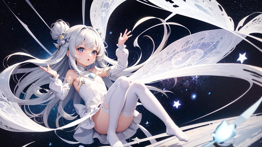 Little ,masterpiece, high resolution, best quality, Very detailed,wallpaper,Space starry sky background,Cute and cute,A body made of white jade,Silver long hair,Height one meter five,V-shaped jumpsuit,Full body picture,No shoes,Very small feet,Feet made of white jade,Reproductive organs,Lace pantyhose