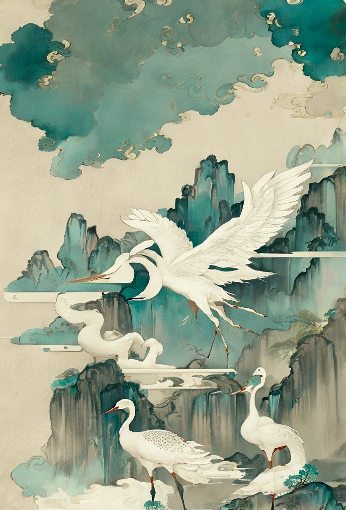 宋代壁painting，Zen，Cyan light beige，Chinese eaves，Wild Goose，white crane，painting，Ultra-fine details，Fine style，New Chinese，山水painting，Symmetrical composition