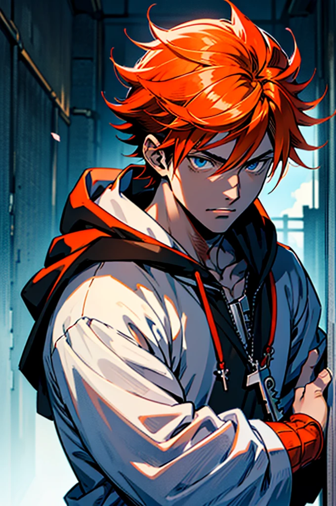 (Best Quality:0.8), (Best Quality:0.8), perfect anime illustration, anime boy with black hoodie and orange hair and blue eyes, a character portrait inspired by Kentaro Miura, tumblr, what is?, kentaro miura manga art style, orange hair anime boy, KenTaro Miura art style, handsome boy in Demon Slayer art, kentaro miura manga style, KenTaro Miura art, kentaro miura style, a character portrait inspired by Sakai Hōitsu, trend on pixiv, what is?, handsome boy in Demon Slayer art, anime key art, Romantic, genshin impact zhongli, Nagito komaeda, anime key images., male anime character