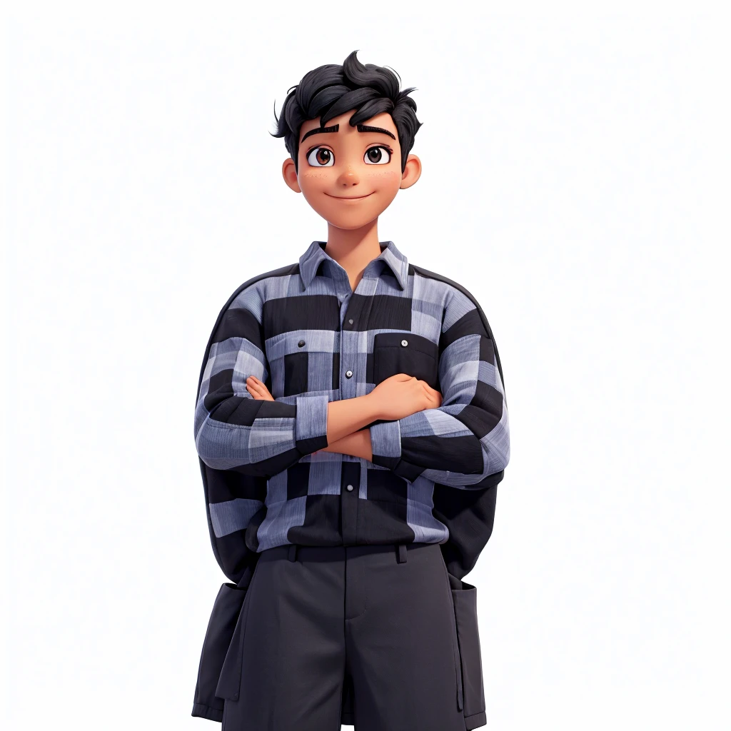 black hair, arms crossed and smiling, with a shirt without a pattern, symmetrical eyes