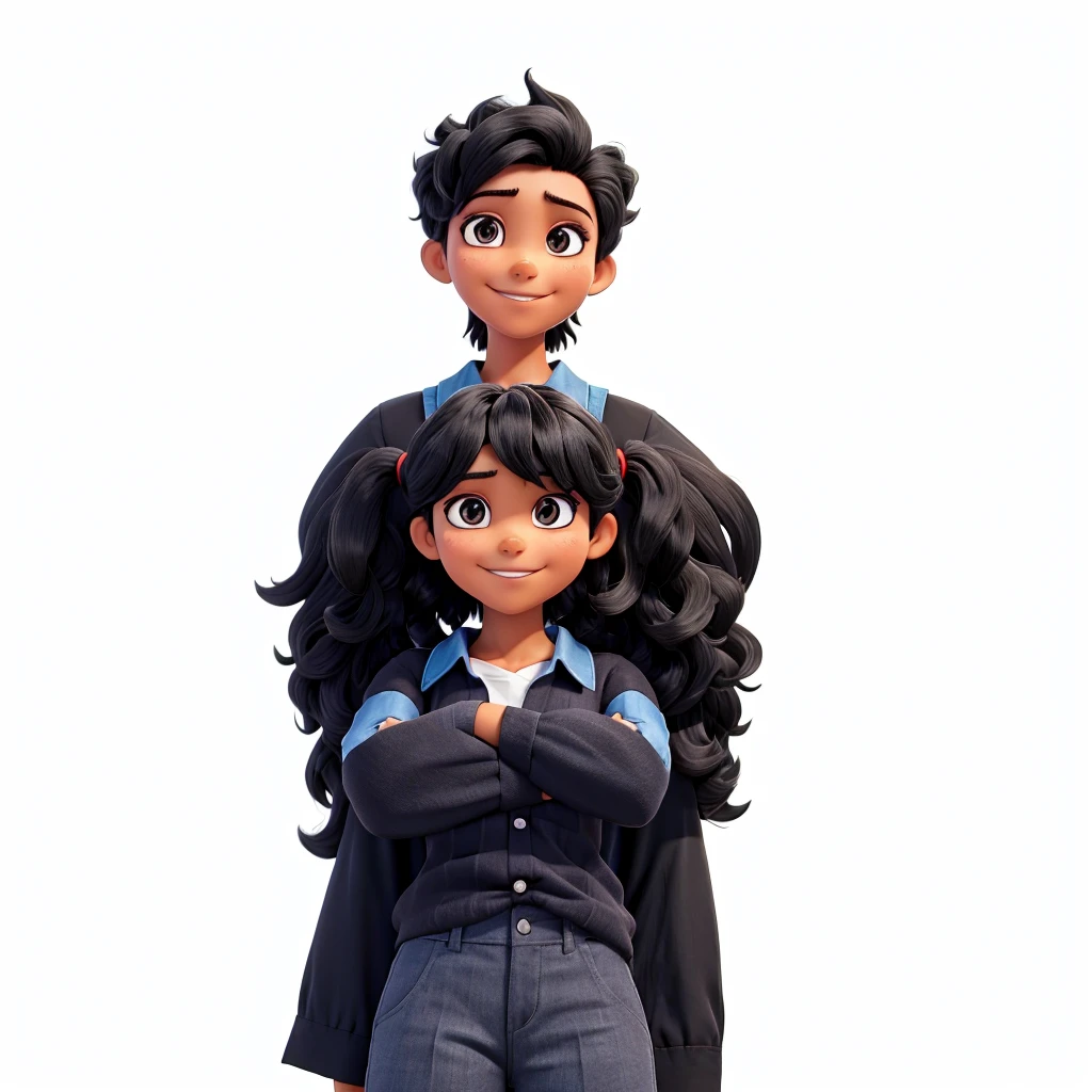 black hair, arms crossed and smiling, with a shirt without a pattern, symmetrical eyes