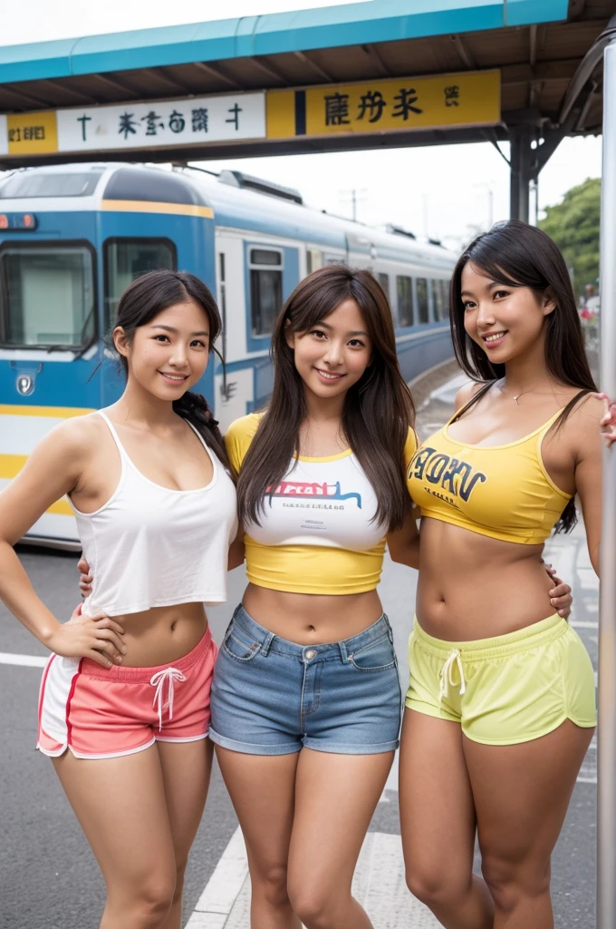 ,(tanned skin:1.3), japanese cheerful 3girls,sport short pants,t-shirt,mascular and curvy thighs,(adult body),lsandals,at train