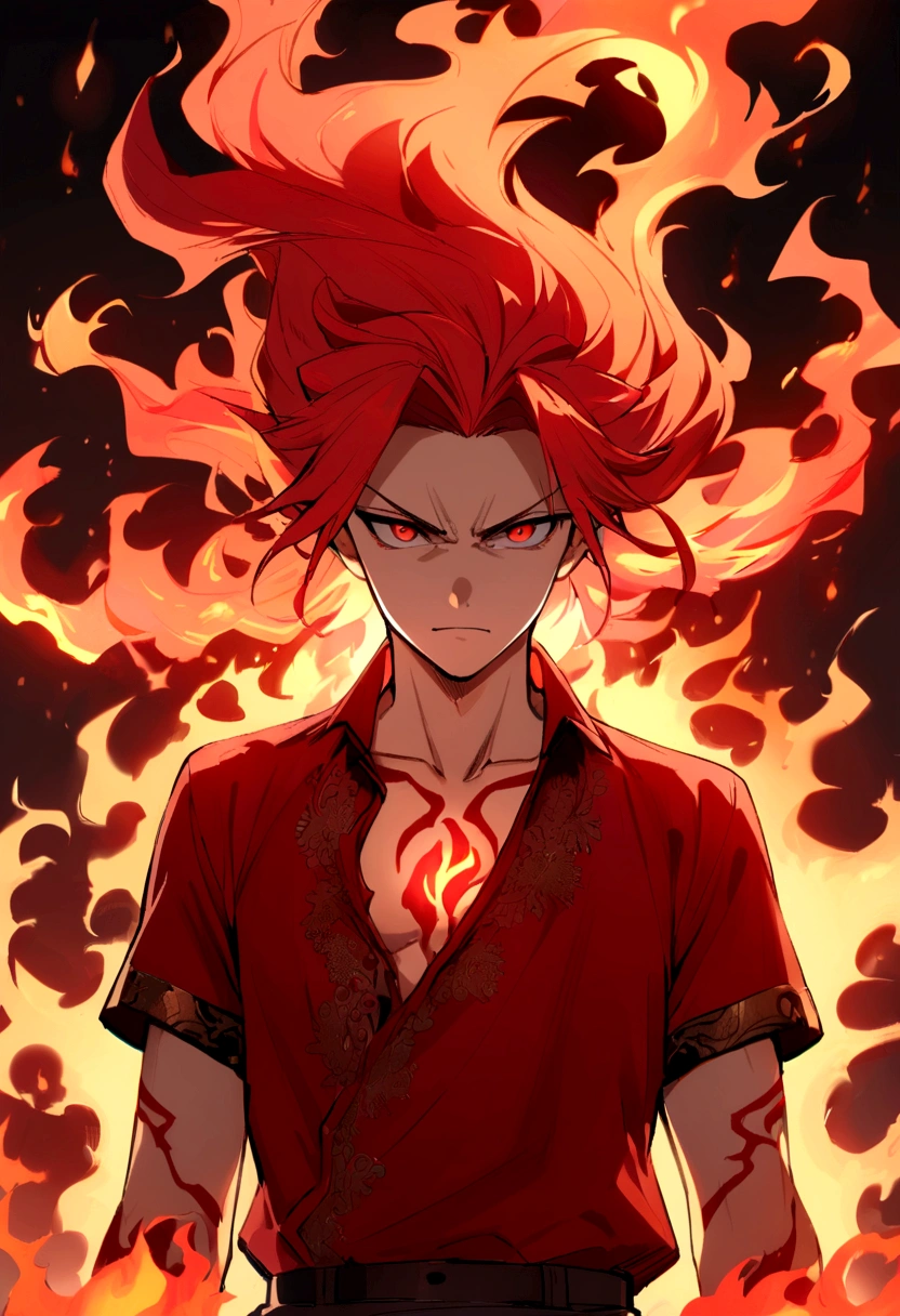 age boy, serious face, Simple smile, raised hair, long hair, bright fiery hair, bright light red eyes, short sleeve ripped red shirt, red tattoos on body, intense fire aura