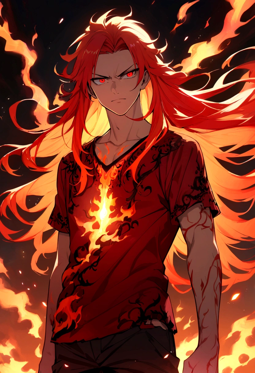 Teenage boy, serious face, Simple smile, raised hair, long hair, bright fiery hair, bright light red eyes, short sleeve ripped red shirt, red tattoos on body, intense fire aura