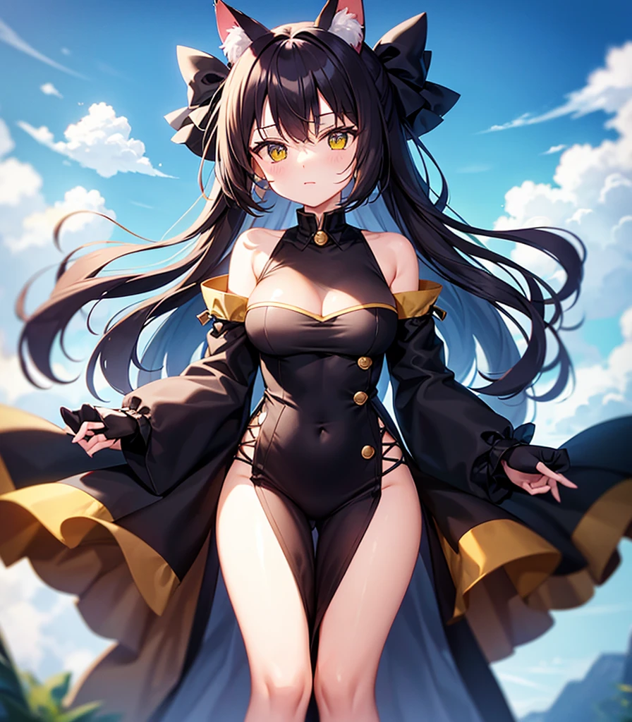 (Yellow cat ears)),((Cat's Tail)),Cute little ,Tiny ,Small girl,,Childish face, Very fine clean face,Top quality, Big eyes,Straight Hair,Yellow hair,Crimson Eye,(Dark Room), Subtle light, Natural light,Soft lighting,Light from directly behind, (Are standing), Cute pose, (Open your hands), Showing the whole body,Front view,Black background