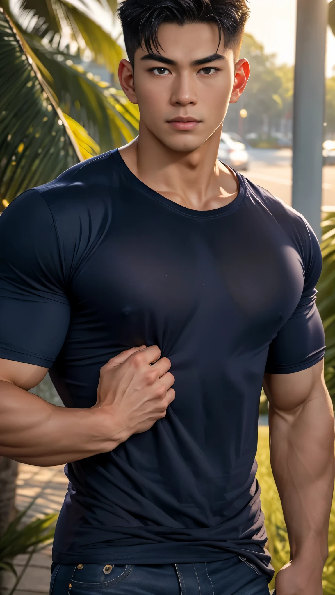 (ultra realistic, complicated details, realistic, 8k HD, The light is dim.), realistic details, Handsome Vietnamese muscular young man, Powerful and scary,, teenage face, smooth dark brown hair, Detailed eyes, Beaming, confident, Big muscles, (Wearing a navy blue T-shirt with no logo.:1.6), perfect hand, (realistic skin, Tanned skin), outdoor, capital