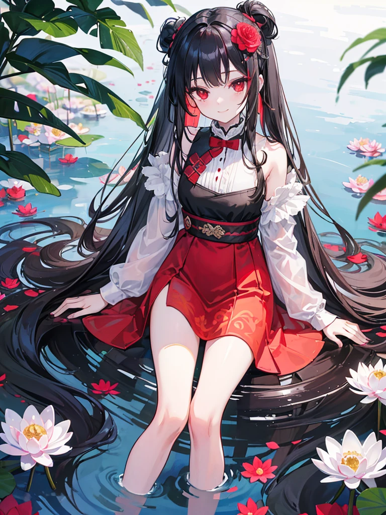 , red eyes, long wavy curry black hair, ???. Wear a flower-shaped hairpin on only one side. Her hair is tied on the side. noble western castle. arrogant ???   sadistic smile. noble lady. background in lake water lily. she just a kid.
