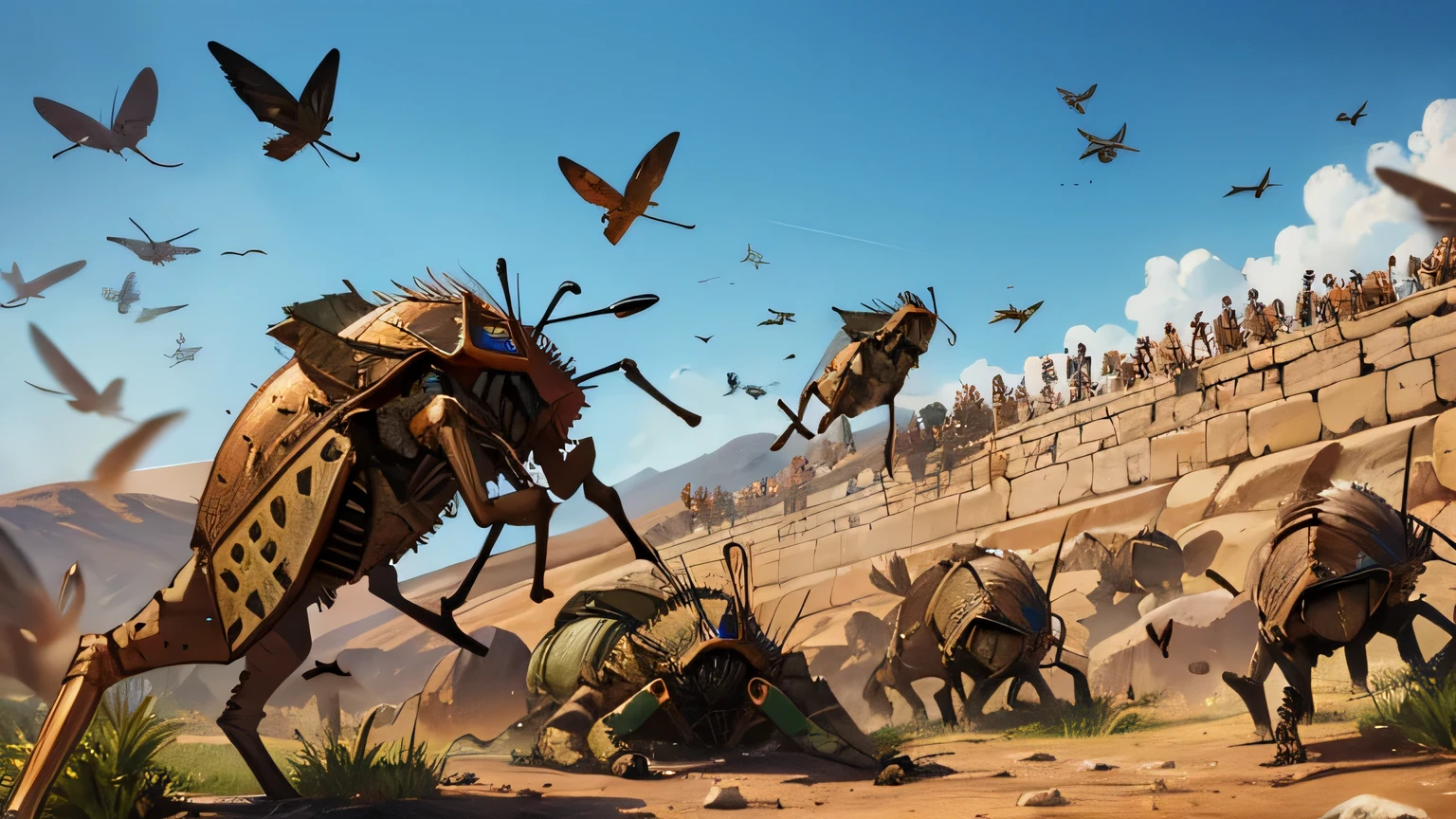 Hundreds of grasshoppers and locusts flying in ancient Israel from the 1st century BC