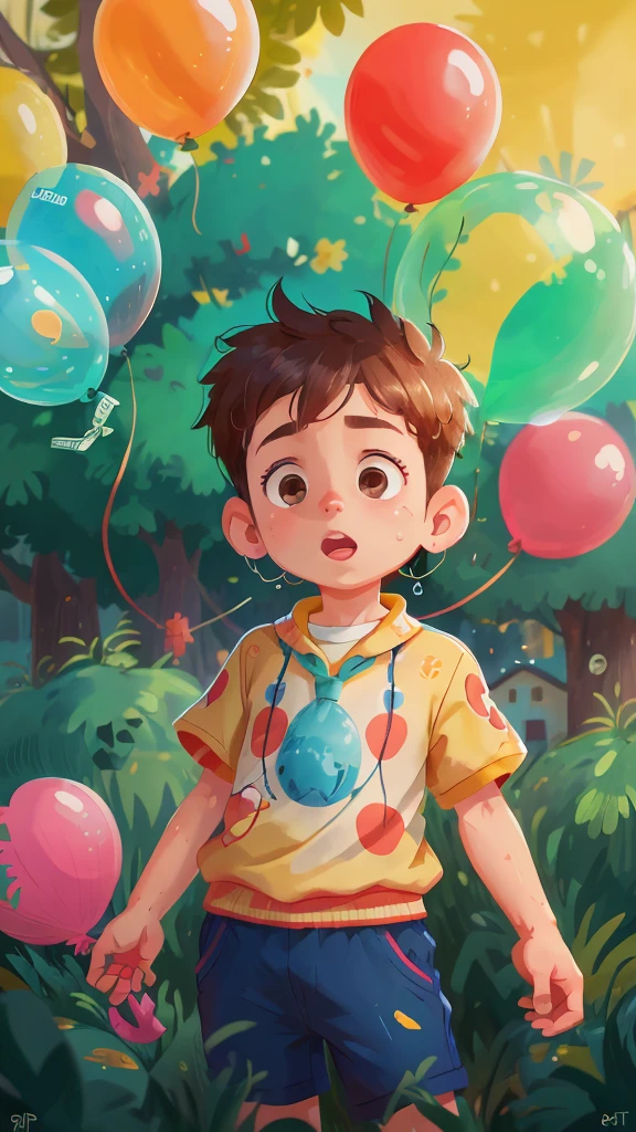 a boy, great, many balloons, glad, glad, perfect quality, Focus Clear (disorder - house: 0.8), (work of art: 1.2) (realisitic: 1.2) (bokeh) (best qualityer) (skin detailed: 1.3) (details Intricate) (8K) (detailedeyes) (sharp focus), (glad)