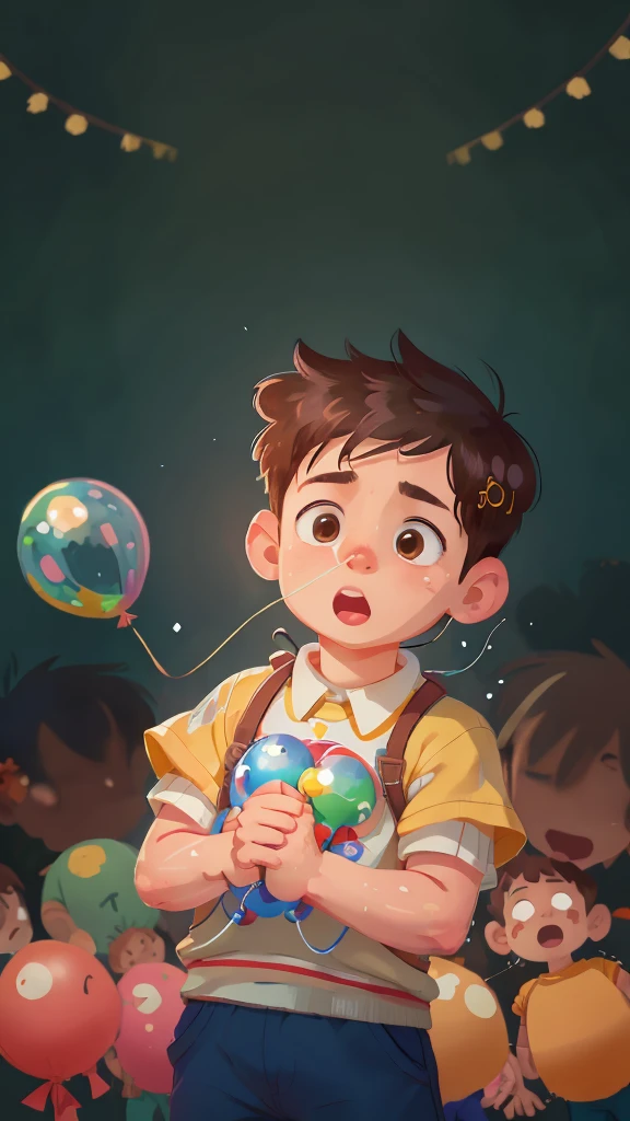 a boy, great, many balloons, glad, glad, perfect quality, Focus Clear (disorder - house: 0.8), (work of art: 1.2) (realisitic: 1.2) (bokeh) (best qualityer) (skin detailed: 1.3) (details Intricate) (8K) (detailedeyes) (sharp focus), (glad)