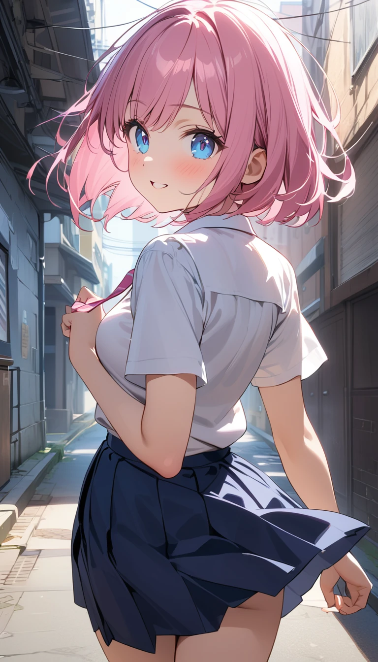 (Best Picture Quality, 8K, Masterpiece:1.3),(high school student:1.5), (pink medium hair), (bob cut), (slant skyblue eyes), ((school uniform, short simple sleeve shirt, darkblue skirt, pink tie)), (city ​​alley Setting), Professional Lighting, Very Detailed Skin And Hair, (running:1.3), beguiling expression, (super clear:1.5),((looking back:1.3)),(back shot:1.3),(upper body).
