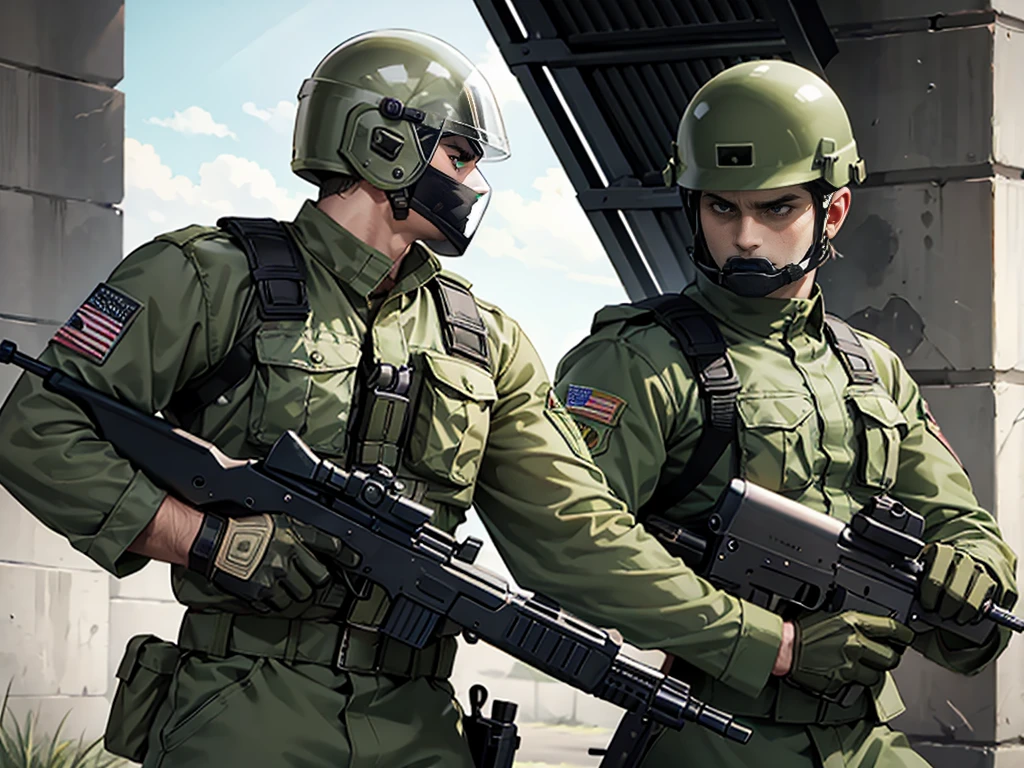 olive green armed guard with helmet and riot shield looking angry at me