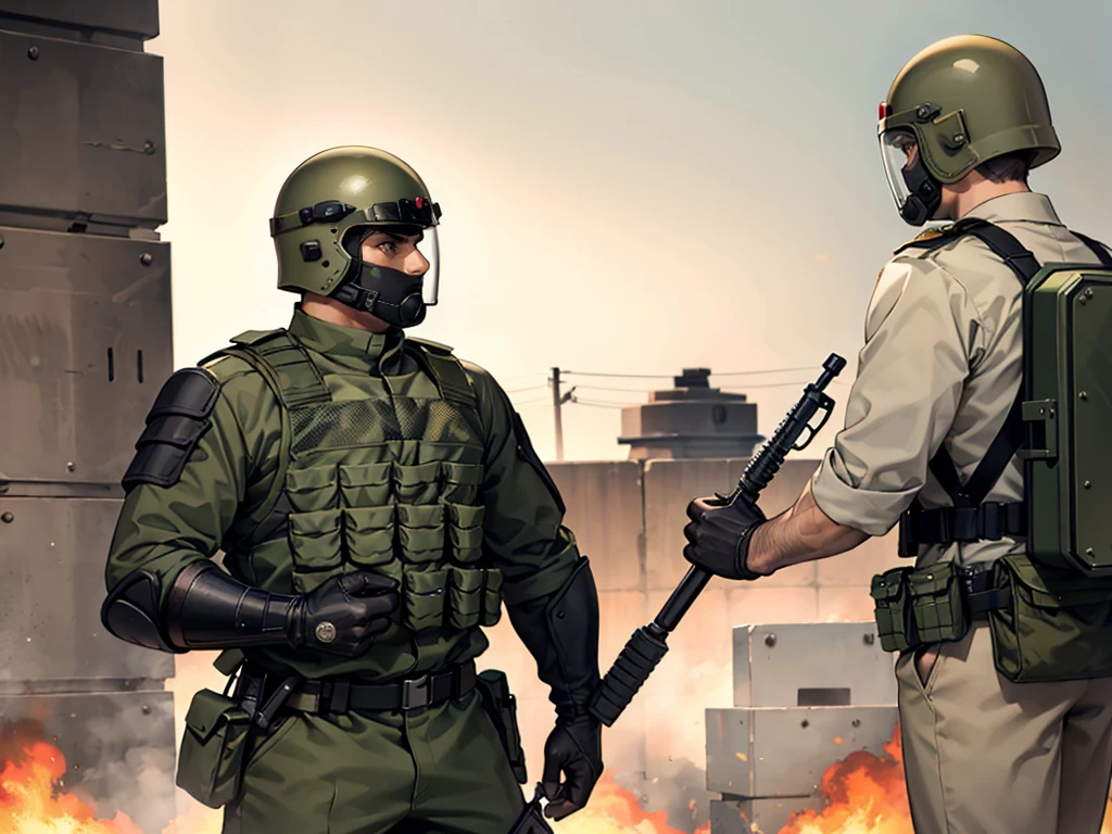 olive green armed guard with helmet and riot shield looking angry at me