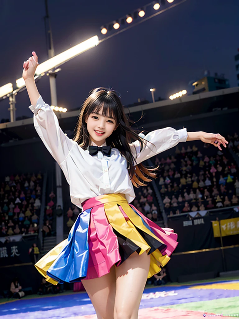 Colorful photograph, Uplifting, ((masterpiece, best quality, absurdres, 8K, super fine illustration, detailed eyes, beautiful face, light smile, shiny skin)), ung girl, Colorful top Idol, Smile full of happiness, whole body, good style, ((Idol costumes with 5 or more colors;1.5)), ((Idol costumes with lots of frills)), very cute idol costumes, colorful balloons, Many large and small soap bubbles, (Dancing dynamically;1.2), (kicking one leg high;1.2), ((Dancing on a gorgeous outdoor stage;1.4)), very luxurious stage, amazing gorgeous stage, ((extremely detailed Fluttery micro mini skirt, extremely detailed colorful skirt. micro mini Skirt very fluttering in the wind;1.4)), (((skirt is flipped up by the wind;1.5)))