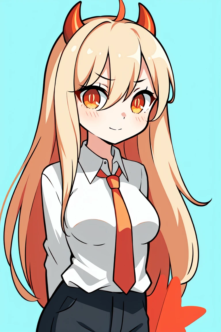 best quality, tmasterpiece,Ultra-high resolution,Clear face,（Reality：1.4），ferpect lighting，(upper body shot), (photorealistic:1.50), anime wallpaper, Guviz style artwork, cover-up fantasy up to magic , by Yang J, Guviz, beautiful artwork illustration, beautiful digital artwork, beautiful digital illustration, Li Song, beautiful anime portrait, art style in Beauvot,  (1girl:1.3), glitch art, (digital distortion), pixelated fragments, data corruption,colorful noise, visual chaos,contemporary aesthetics,happy (blonde hair:1.2), white shirt, red horn, black necktie, black pants, close-up,(red horns, symbol-shaped pupils, cross-shaped pupils, Orange Eyes,), 独奏, standing, (glowing Orange Eyes: 1.4), (super giant breasts:1.3), cowboy shot, stare, looking at viewer, (interview:1.3), high resolution, (looking at viewer:1.15),colorful blood,blood is bright red), ((hands behind the scenes, hands behind your back)). Long hair,