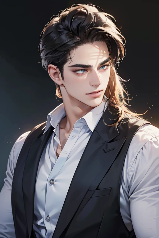 (best quality,4k,8k,highres,masterpiece:1.2),ultra-detailed,(realistic,photorealistic,photo-realistic:1.37),30 year old man,3 day beard,handsome anime,portraits,strong,masculine,dark hair,sharp jawline,mesmerizing eyes,perfectly styled hair,cool anime outfit,confident expression,vibrant colors,dynamic lighting, CEO and expression smile in love.