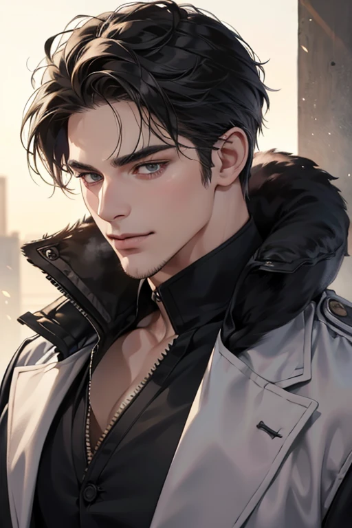 (best quality,4k,8k,highres,masterpiece:1.2),ultra-detailed,(realistic,photorealistic,photo-realistic:1.37),30 year old man,3 day beard,handsome anime,portraits,strong,masculine,dark hair,sharp jawline,mesmerizing eyes,perfectly styled hair,cool anime outfit,confident expression,vibrant colors,dynamic lighting, CEO and expression smile in love.
