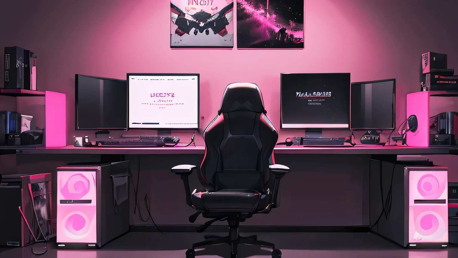 ((best quality)), ((masterpiece)), (detailed), empty large gamer bedroom background, hot pink and black theme, pc and monitors on a desk with gaming chair, neon decoration and posters on walls and desk, nighttime