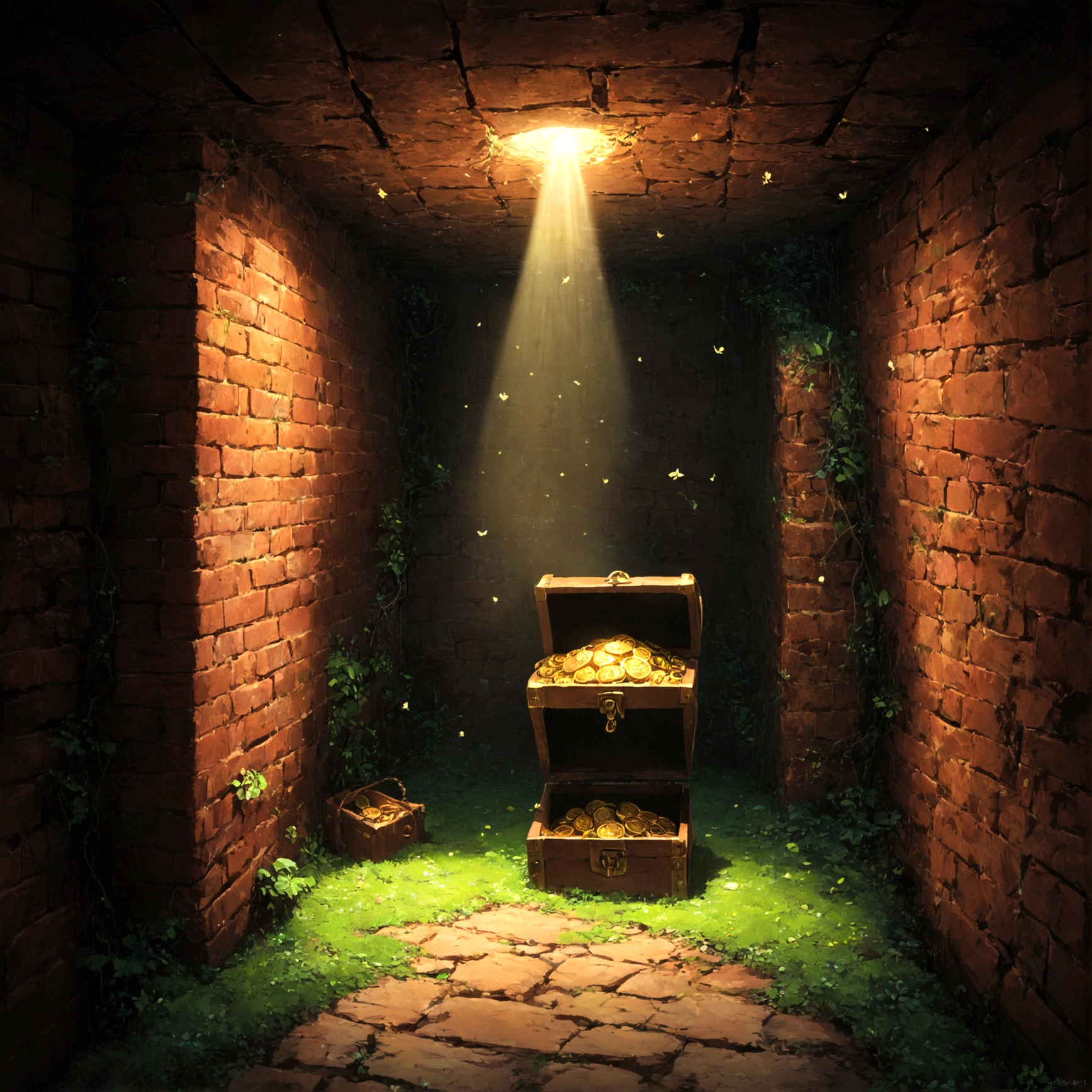 It was quiet and still.、薄暗いUnderground。古びたBrick造りの壁には、A feeling of long years、Cracks and moss are visible。Place々Spider webs are spun all over the place.、A faint air current、Makes you feel like there's something inside。If you look closer、Only a part of the wall、Brickの色合いが異なり、Hidden Roomへの入り口が巧妙に隠されている。When you open the door、There、黄金に輝くTreasure Chestが置かれた、小さな部屋が現れる… ✨美しいゲームの世界, Fantasy, Mario, Underground, Hidden Room, Treasure Chest, Mysterious, mysterious, Brick