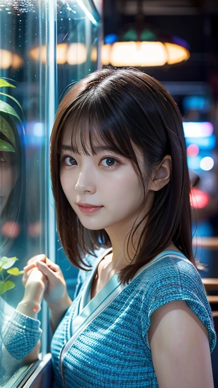 Japanese、woman、30 years old、Randomly generated people with diverse facial features and hairstyles、Perfect Anatomy,aquarium、High Angle