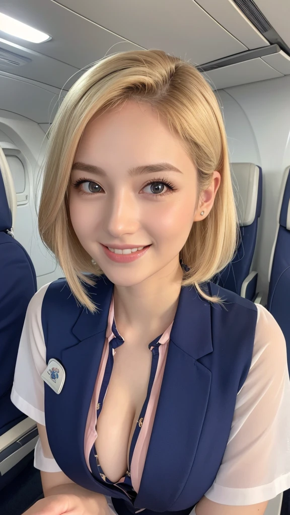Top quality, Photo Real, High resolution, Detailed Background, Beautiful skin in every detail, Detailed nose, Soft lighting, (Solo Shot:1.23),(She is dressed as a flight attendant1.9) ,Close-up shot, View your viewers, ((Nice hands, Perfect hands)), Clear Eyes,Japanese women, Pale skin,1 beautiful woman, (japanese1.2),around 17 years old,(permed bon hair1.2),Blonde hair,(I cannot see her chest as it is completely covered by clothing1.8),soft-looking chest,A large and well-shaped chest,Extremely large breasts,(cute lips1.7), (Open-mouthed and smiling very happily1.9),Beautiful eyes,looking up with eyes,staring at me,staring directly,smile towards,(She is looking straight at me from the front1.9),(accurate structure of the limbs1.9), onboard aircraft,on an aircraft
