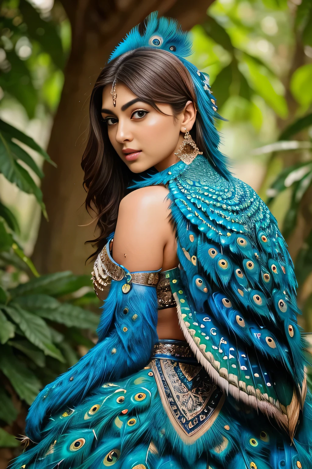 Hansika Motwani is a peafowl, she is real peafowl Bird. Mutant peafowl. peafowl transformation. peafowl body with female head. She is a bird. Real peafowl bird. Head with bird body. Create this beautiful creature or bird. High Definition, high quality picture.