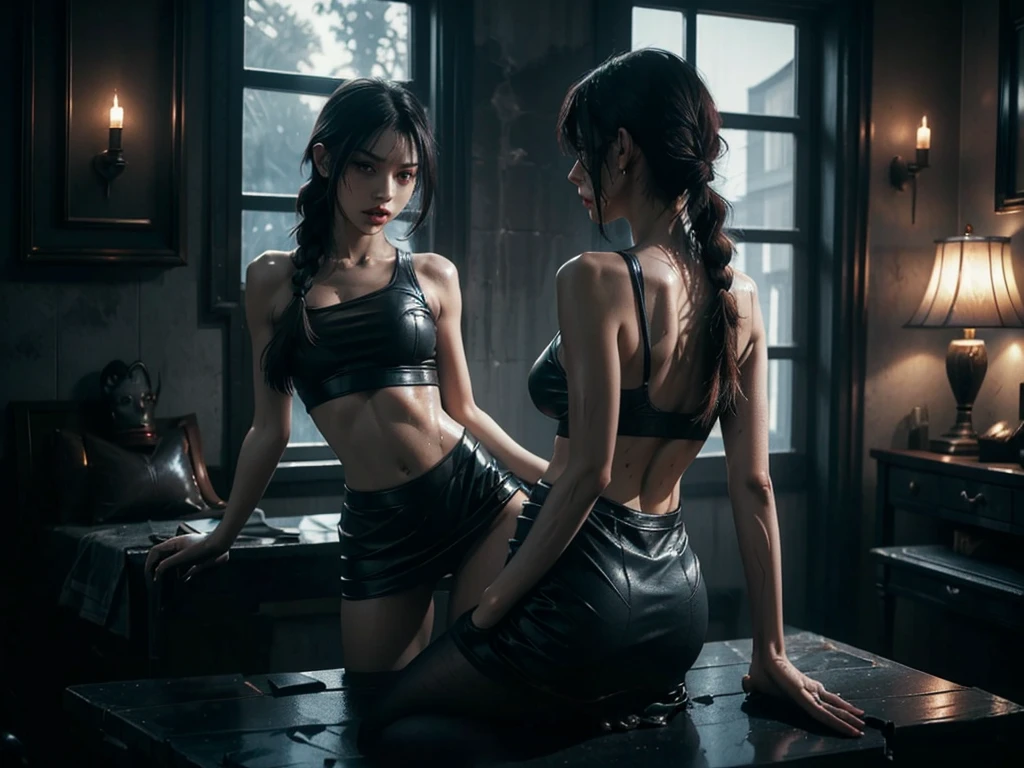 braided ponytails, ((short skirt)) (((Slutty skintight cybernetic Full AI skin and anatomy))), ((slutty braided hair)), ((She is in your bedroom, slutty )), Perfect back view of her tight butt, full body picture, she is a seductive slut, Perfect proportions, she has a perfect Ass... she wants to put your tiny shrunken body deep inside of her pussy, short hair with bangs and ponytails, beautiful horror, domination, death by pussy insertion, skinny sexy and slutty woman, she needs to have your tiny shrunken body deep inside of her pussy.... she wants you to choke inside of her pussy, she is the embodiment of sexual domination and lust, she is perfect, you are her prey, you are about to die inside of her pussy, small tight ass, giantess domination, human sex toy, helpless, she is a giantess and she wants to use your tiny shrunken body as a human dildo..., perfect anatomy, perfect arms and hands, better detail on her eyes... make her eyes look scary and beautiful, perfect sexy and slutty athletic body, perky nipples, wet, white cum, perfect tight butt, black hair, perfect legs and thighs, tight wet pussy, white dripping cum, ((Perfect eyes and face)), ((closed wet full lips)), ((perfect hands and fingers)), ((( a lot of white cum is dripping out of her pussy))), ((she has a very skinny and toned strong body)), ((makeup)), ((freckles)), ((perfect eyebrows)), ((sharper edges)), ((perfect scary grey eyes)), perfect face, slut, sadistic, predatory, better detail on her skin, perfect face and strong jawline, perfect full wet lips, sadistic atmosphere, wet sweaty skin, beautiful intimidating grey eyes, ((beautiful horror)), better lighting, more toned muscles, perfect detail on her intimidating eyes, very tight underwear, ((tight pussy)), (((tighter clothing))), slutty, intense, perfect detail, ((piercings)), better detail on her bellybutton, skinny, skinny and strong, more skin showing, intense, slutty, freckles, long skinny perfect legs, scary and intense, super slutty