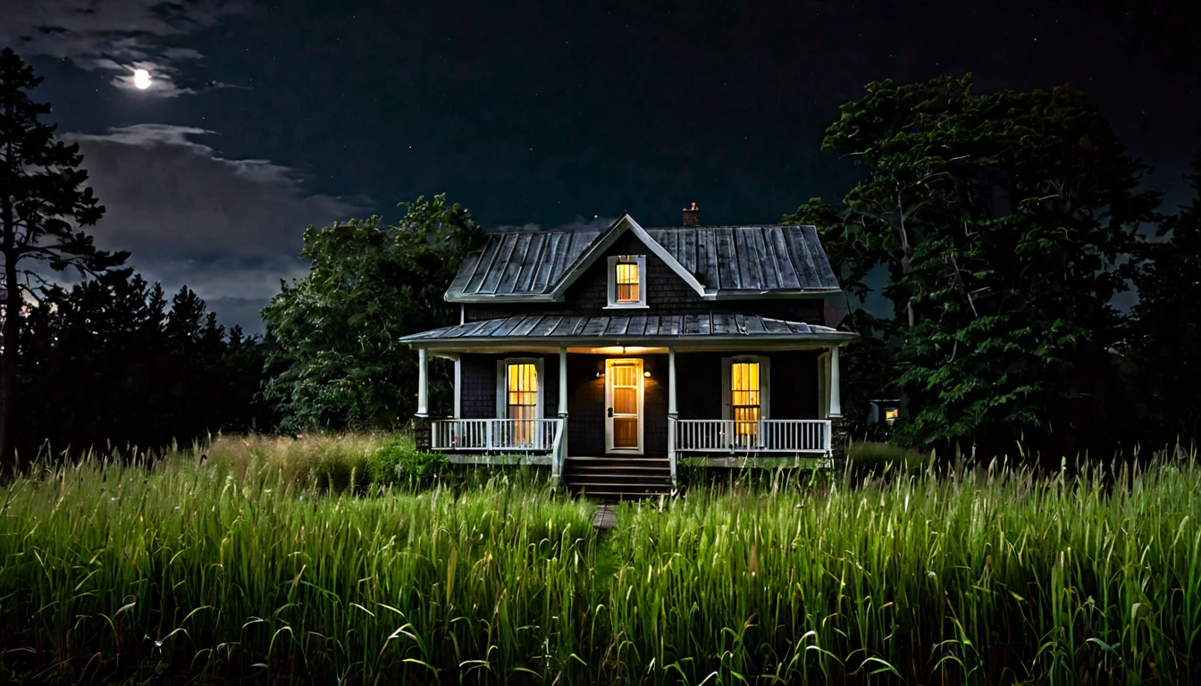 small house with porch, a single light on, surrounded by tall grass, dark, ominous night