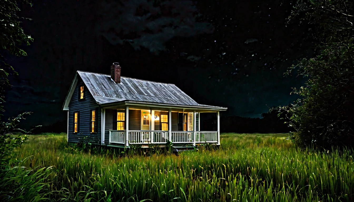 small house with porch, a single light on, surrounded by tall grass, dark, ominous night
