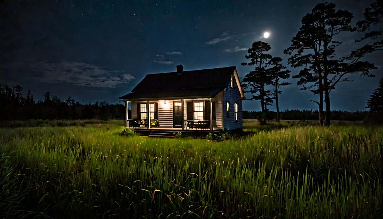 small house with porch, a single light on, surrounded by tall grass, dark, ominous night