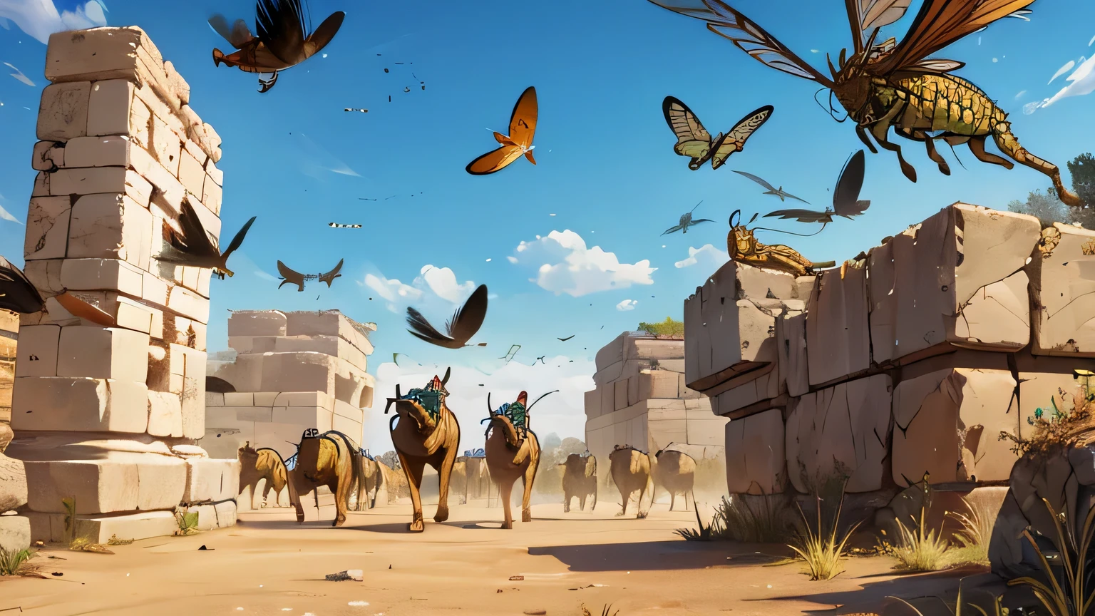 Hundreds of grasshoppers and locusts flying in ancient Israel from the 1st century BC