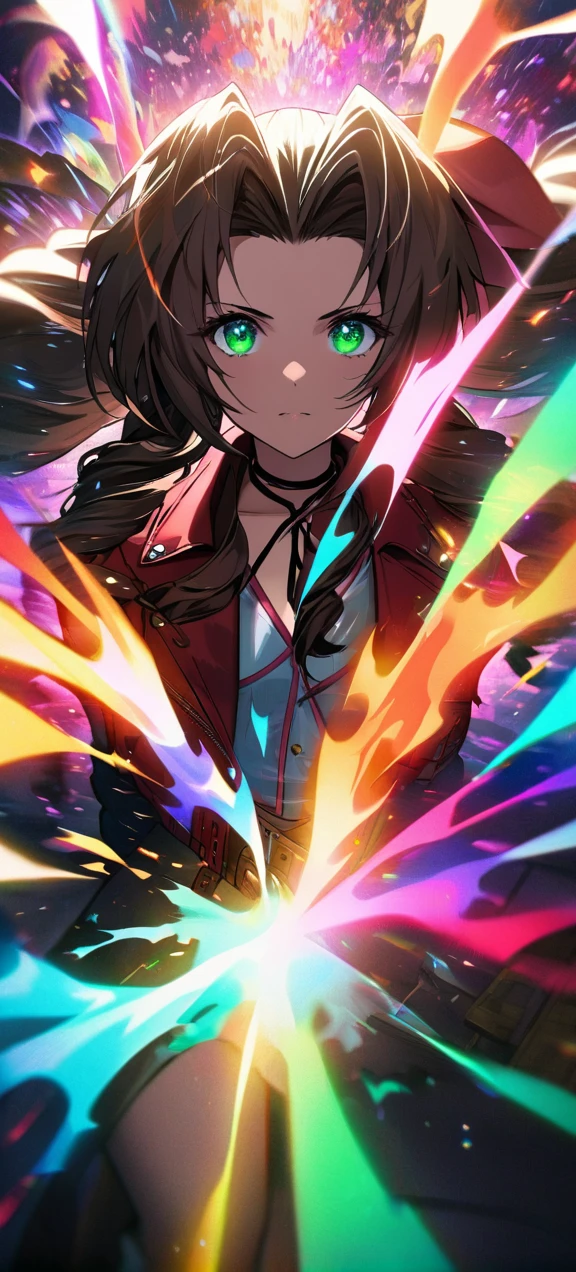 Symetrical,detailed front view,absurdres, highres, ultra detailed, HDR, masterpiece, extremely detailed face and eyes, aerith gainsborough ,final fantasy 7, , , solo, women , beautiful, ,, , beautiful fight scene,colorful flowers effect, colorful lightning effect,glowing glitters, ,colorful flames effect, colorful aura effect, colorful splashing, surrounded by colorful flowers energy
