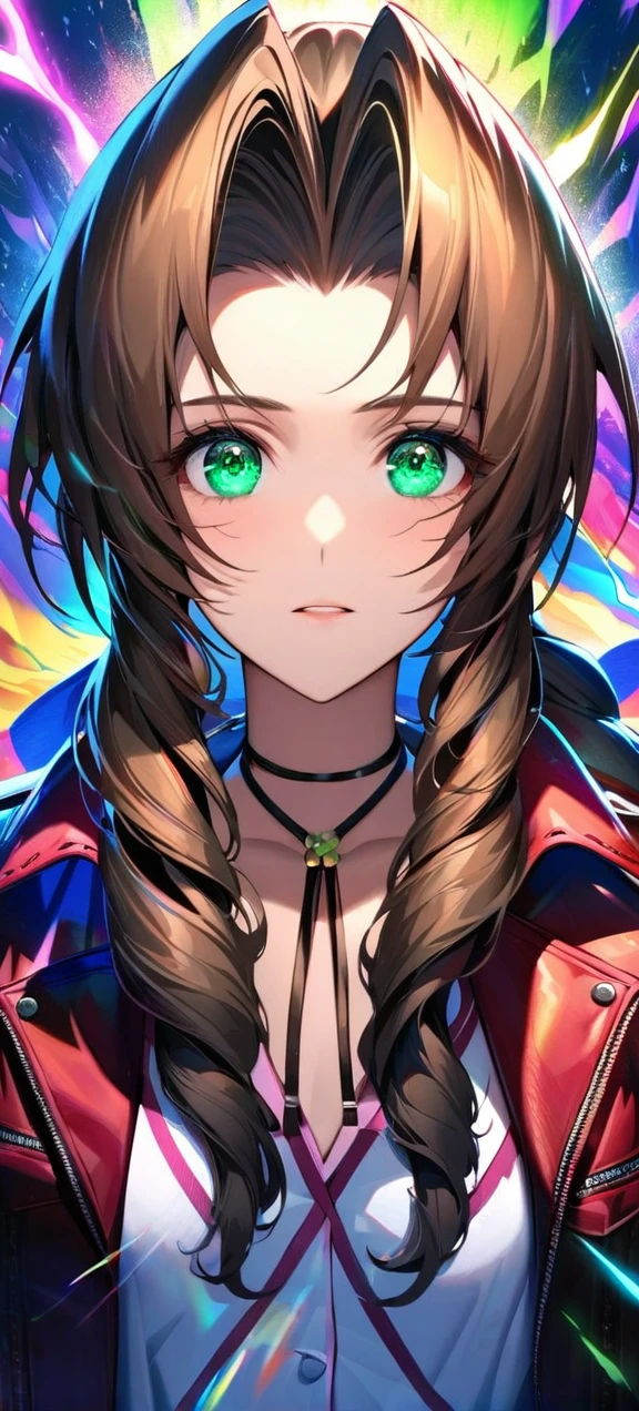 Symetrical,detailed front view,absurdres, highres, ultra detailed, HDR, masterpiece, extremely detailed face and eyes, aerith gainsborough ,final fantasy 7, , , solo, women , beautiful, ,, , beautiful fight scene,colorful flowers effect, colorful lightning effect,glowing glitters, ,colorful flames effect, colorful aura effect, colorful splashing, surrounded by colorful flowers energy