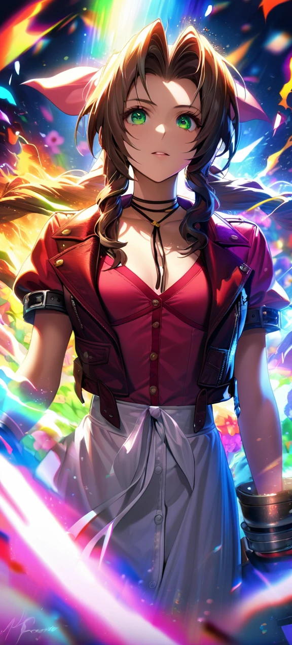 Symetrical,detailed front view,absurdres, highres, ultra detailed, HDR, masterpiece, extremely detailed face and eyes, aerith gainsborough ,final fantasy 7, , , solo, women , beautiful, ,, , beautiful fight scene,colorful flowers effect, colorful lightning effect,glowing glitters, ,colorful flames effect, colorful aura effect, colorful splashing, surrounded by colorful flowers energy