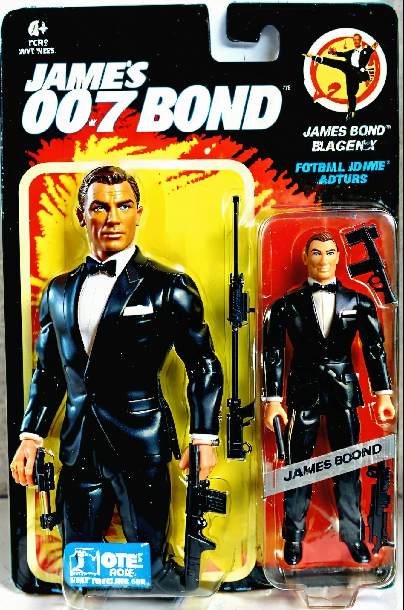 A toy of James Bond from the '007 movie, holding a hundgun, wearing formal black suits, (logo text '007 : James Bond':1.5) Mattel,