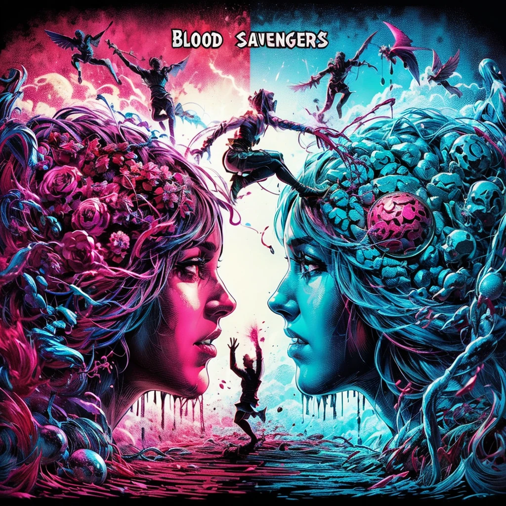 blood scavengers opposite world dream cyan magenta. A fight inside a broken mind. A splendid beautiful trans woman trying to emerge as the future in an astonishing panorama of end times.