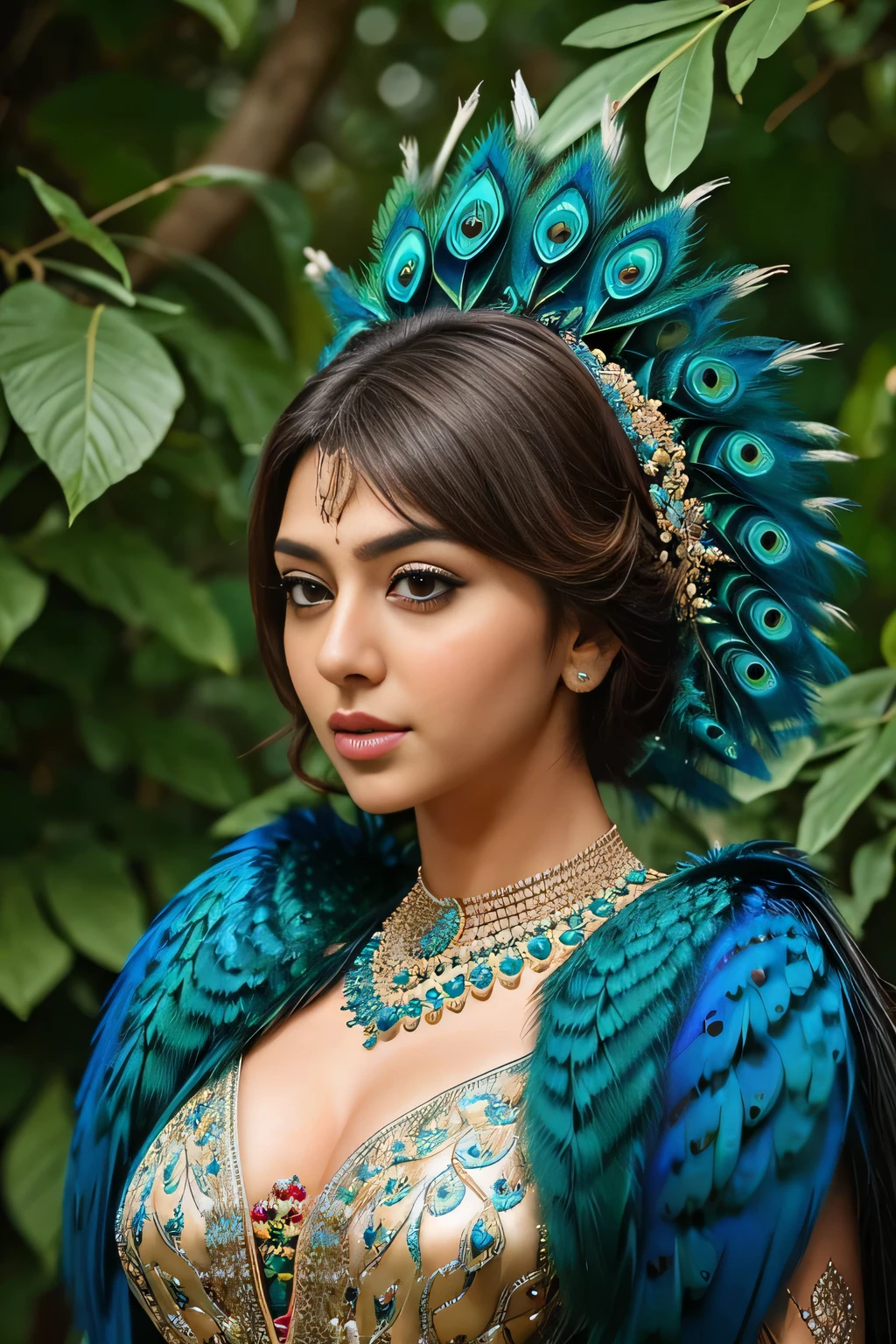 Hansika Motwani is a peafowl, she is real peafowl Bird. Mutant peafowl. peafowl transformation. peafowl body with female head. She is a bird. Real peafowl bird. Head with bird body. Create this beautiful creature or bird. High Definition, high quality picture.