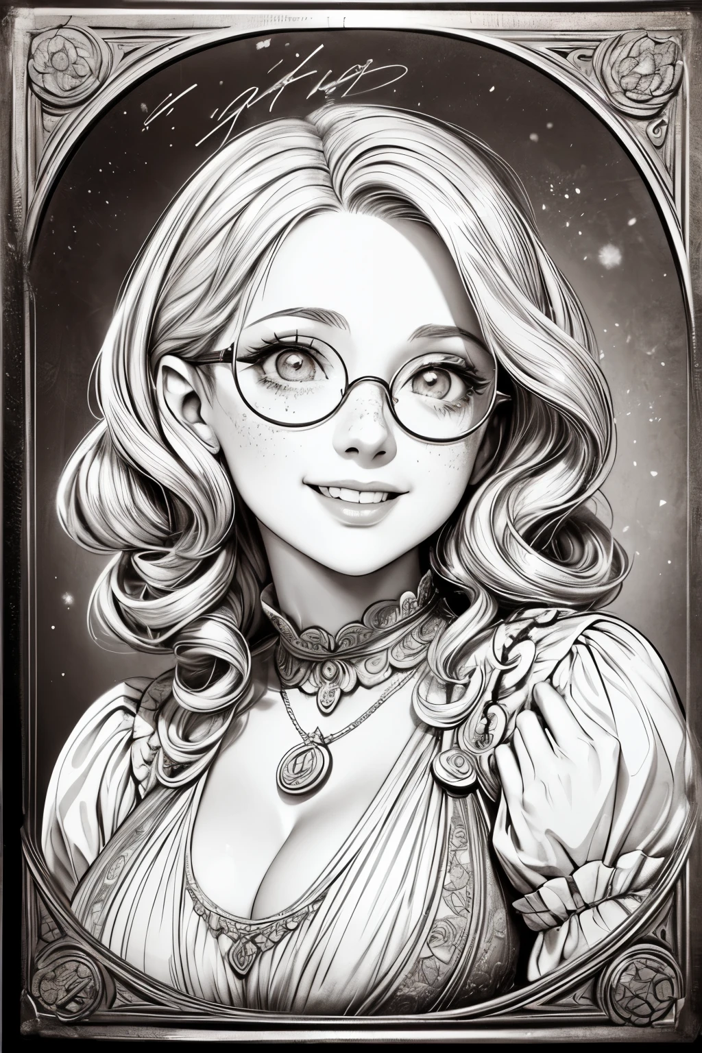 (masterpiece), best quality, expressive eyes, perfect face, Artwork, best quality, ultra-detailed, 1lady, long hair, 1930s vintage photography, monochrome dress, vintage color palette, ((curly hair)), dress with ruffles, smiling smile, freckles on face, ((old photo effect)), large breasts, ((sepia effect)), breasts larger than head, ((portrait in a medallion)), ((locket)), ((pic in locket)), ((portrait in round medallion)), photography of a woman in a locket, ((signature at the bottom of the photo)), (((Initials T.J in signature))), round glasses, provocative cleavage, face profile photography, lipstick in pic, shining eyes, twintails, laughing laugh, laughing, ((mold particles around the edges of the photograph)), laughing with your mouth open, flowers in hair, ((signatured photography)), huge breasts, large breasts, gigantic breasts, fleshy mouth lips, ((mold particles)), ((hood in head)), ((evident signature))