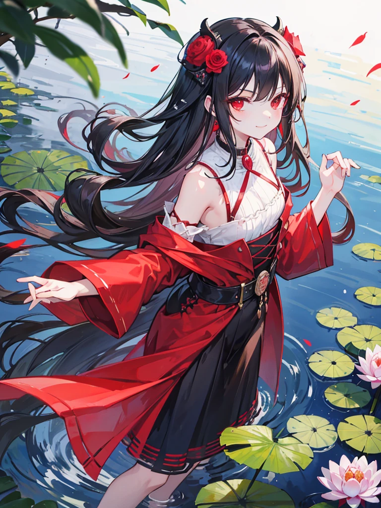 , red eyes, long wavy curry black hair, ???. Wear a flower-shaped hairpin on only one side. Her hair is tied on the side. noble western castle. arrogant ???   sadistic smile. noble lady. background in lake water lily. she just a kid. wear western outfit. she a vampire