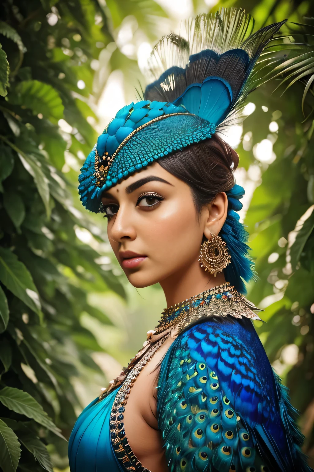 Hansika Motwani is a peafowl, she is real peafowl Bird. Mutant peafowl. peafowl transformation. peafowl body with  female head. She is a bird. Real peafowl bird. Head with bird body. Create this beautiful creature or bird. High Definition, high quality picture.