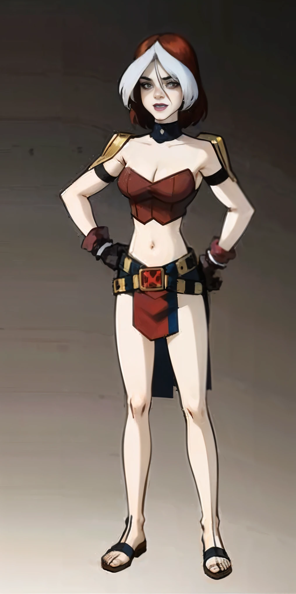 ((BLACK BACKGROUND,1:2, masterpiece)) full body MILF BIMBO standing with two long thighs and two metal sandals, red eyes, two-tone hair, brown hair, silver white hair, short bob style hair, big breasts, cleavage, separate sleeves, tiara royal, long cape up to two feet, yellow bikini, hands on waist, navel, toned body, lustful smirking smiling, smile face (red blushed, red cheeks), metal shoulders, gold sleeveless armbands, black leather choker slave collar (leather choker with big golden bell), shackle bracelets, red crest, pauldrons, breastplate, leather corset, eye focus, full body, whole body, 1solo, loincloth standing, hands on hips, big belt, view from below, feet together, bracers, tiara)